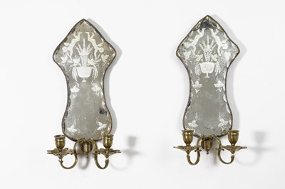 Lot 567 - A pair of etched glass wall sconces