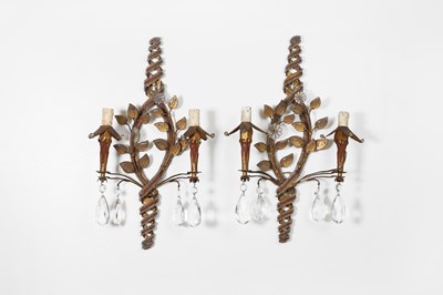 Lot 5 - A pair of gilt-metal and glass twin-branch wall lights