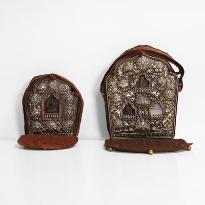 Lot 48 - Two Tibetan white-metal and copper travel shrines