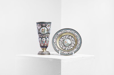 Lot 294 - A silver and cloisonné beaker and dish in the style of Maria Semenova