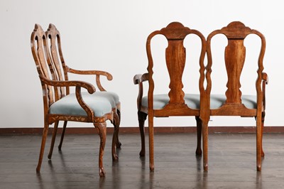 Lot 38 - A pair of walnut marquetry double chair-back settees
