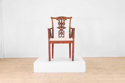 Lot 437 - A George III-style scarlet and gilt-japanned armchair