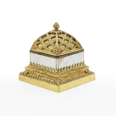 Lot 398 - A bronze and mother of pearl mounted inkwell