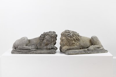Lot 219 - A pair of reconstituted stone lions after Antonio Canova