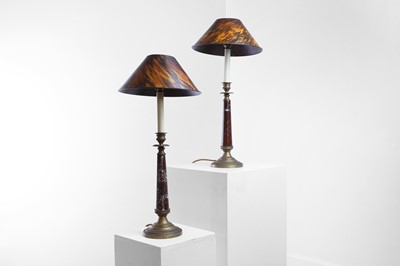 Lot 100 - A pair of brass and imitation marble candlestick lamps