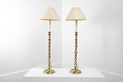 Lot 108 - A pair of brass candlestick lamps