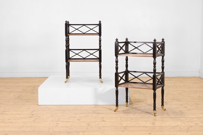Lot 438 - A pair of Regency-style burr oak and ebonised wooden side tables