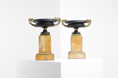 Lot 337 - A pair of grand tour bronze, ormolu and Siena marble tazzas