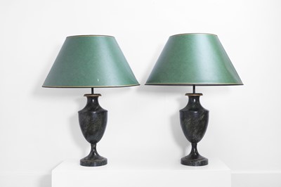 Lot 458 - A pair of toleware table lamps