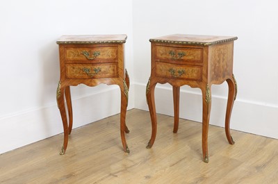 Lot 466 - A pair of Louis XV style inlaid walnut and gilt mounted bedside tables