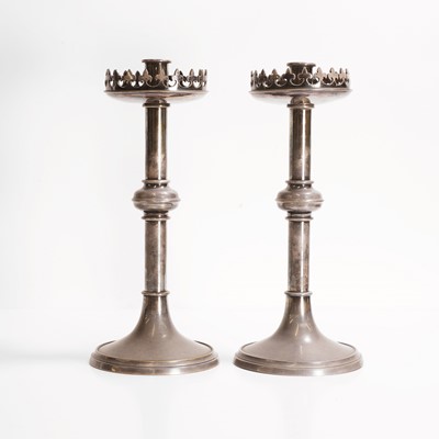 Lot 33 - A pair of Gothic Revival silver-plated altar candlesticks