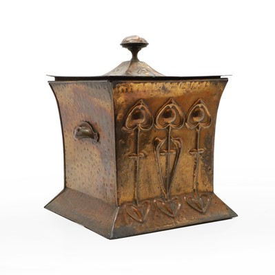 Lot 218 - An Art Nouveau planished copper coal box and cover