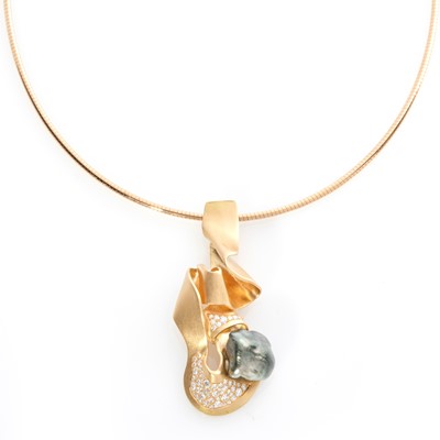 Lot 265 - Ken Bolan and Marinette Domon: a rose gold diamond and Tahitian pearl 'Baroque' pendant necklace