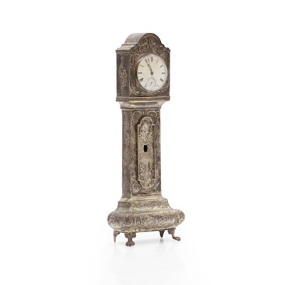 Lot 255 - A Dutch style silver miniature longcase clock