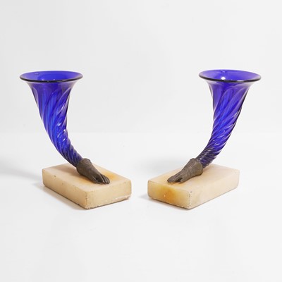 Lot 155 - A pair of Victorian blue glass cornucopia vases
