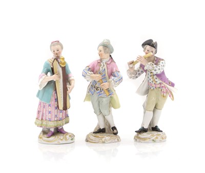 Lot 109 - Three Meissen porcelain musician figures