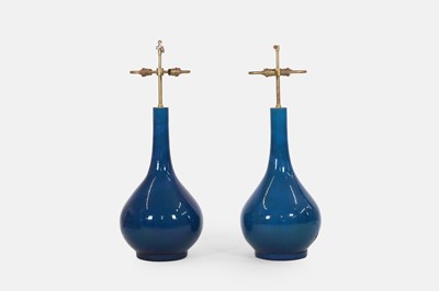 Lot 84 - A pair of blue-glazed table lamps