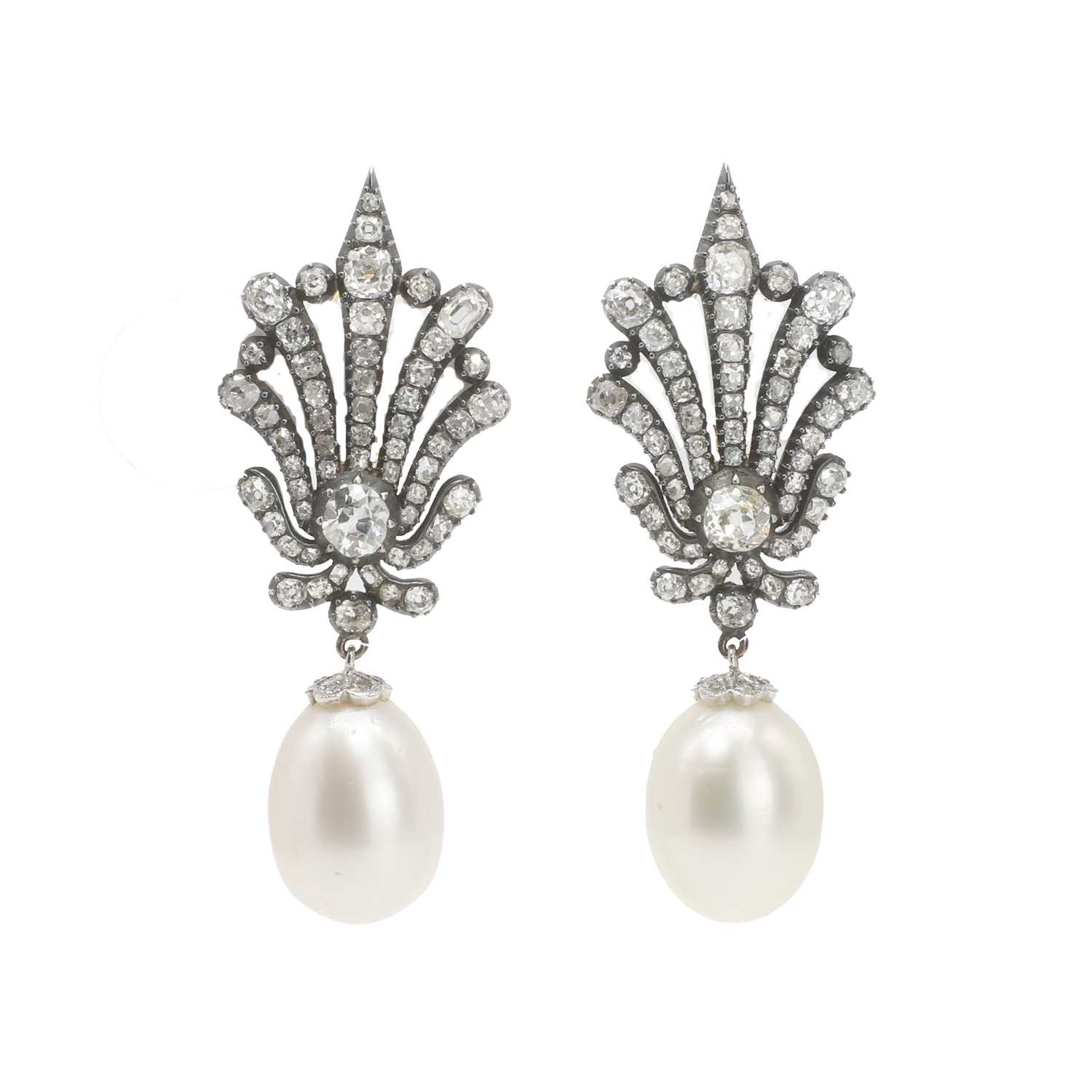 Lot 56 - A pair of cultured pearl and old cut diamond pendant earrings