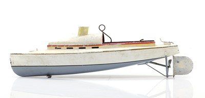 Lot 336 - An unusual early tin live steam racing boat