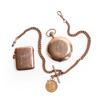 Lot 385 - A top wind full hunter pocket watch, Albert chain and a Vesta case