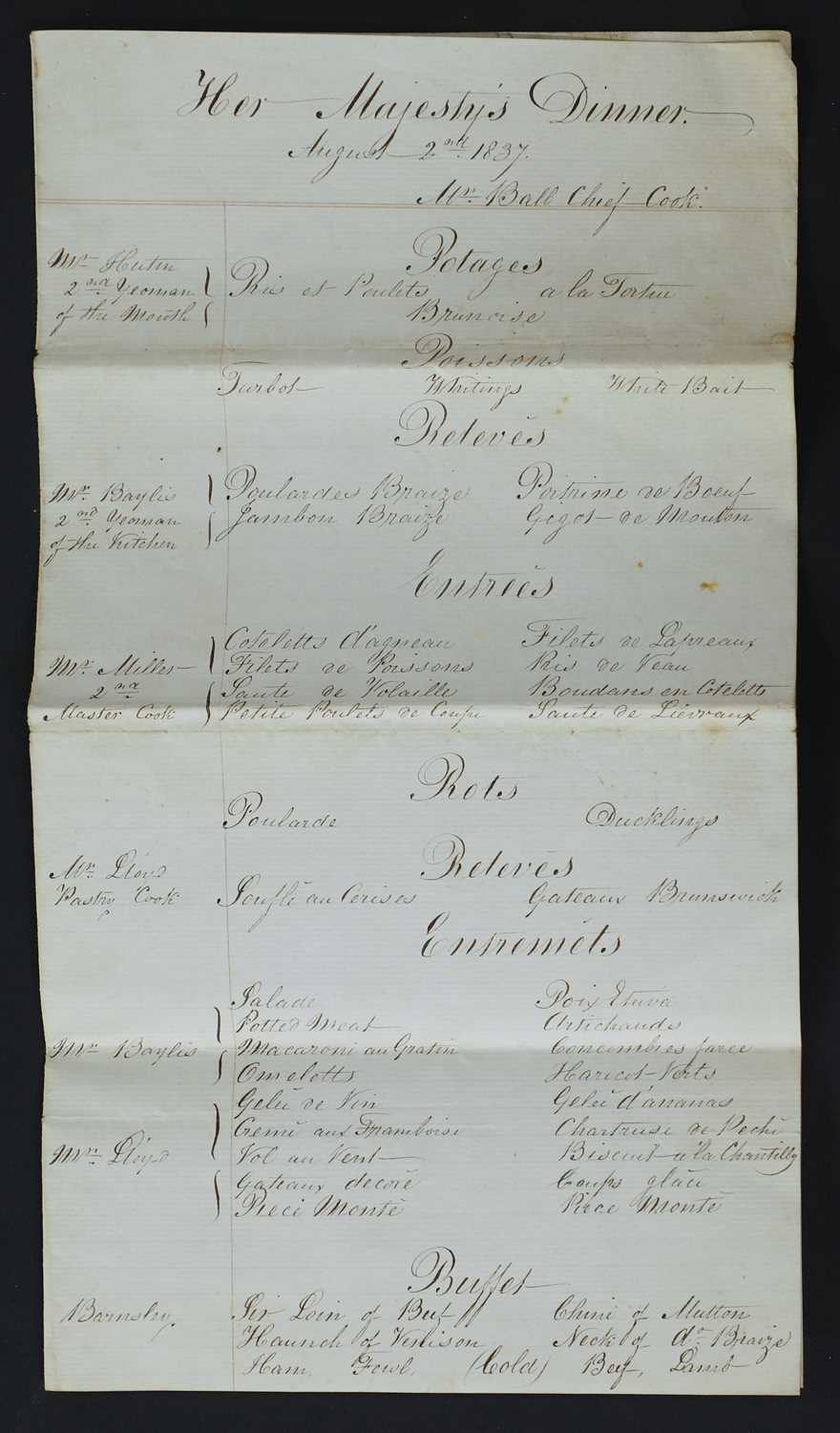 Lot 79 - A Manuscript Menu for 'Her Majesty's Dinner, August 2nd 1837'.