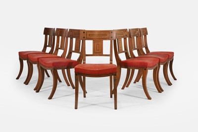 Lot 41 - A set of seven oak and leather ‘Grecian’ dining chairs by Howe