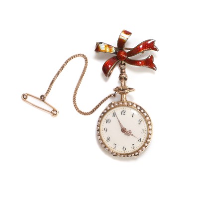 Lot 418 - A 14ct gold enamel and seed pearl fob watch