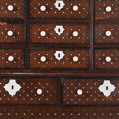Lot 214 - An Indo-Portuguese teak, rosewood, ebony and ivory 'Contador' cabinet