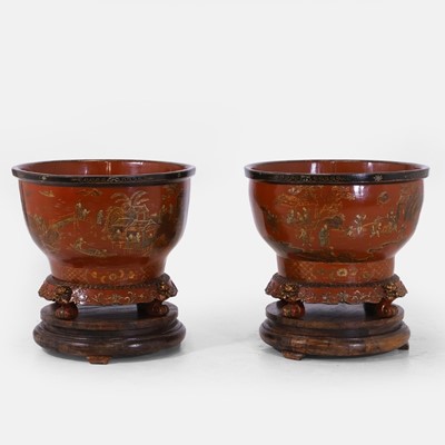 Lot 411 - A pair of large Chinese-style red-and-gilt japanned wooden jardinières