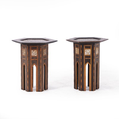 Lot 141 - A near pair of hardwood and mother-of-pearl inlaid occasional tables