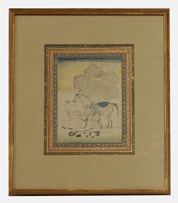 Lot 251 - A Mughal-style tinted drawing of a horse and three grooms