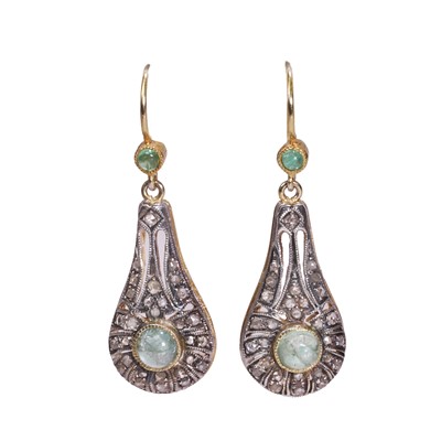 Lot 158 - A pair of silver gilt emerald and diamond drop earrings