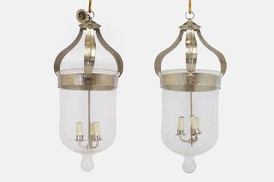 Lot 30 - A pair of chrome and glass ceiling lanterns in the Regency taste