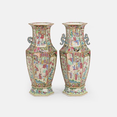 Lot 77 - A pair of Chinese Canton export famille rose vases