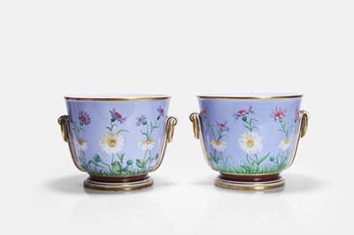 Lot 591 - A pair of Minton painted porcelain cachepots