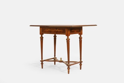 Lot 565 - A Louis XVI-style walnut, marquetry and penwork games table