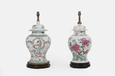 Lot 659 - Two export porcelain famille rose vase lamps