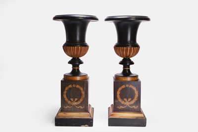 Lot 138 - A pair of neoclassical ebonised fruitwood and marquetry urns