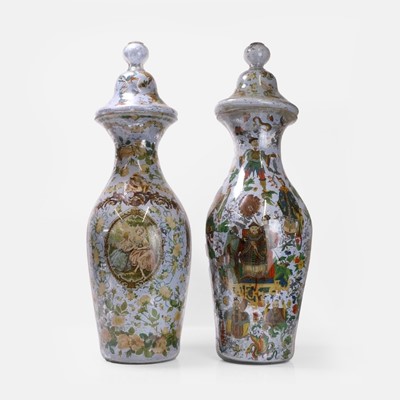 Lot 156 - A near pair of decalcomania glass vases and covers