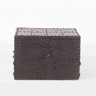 Lot 174 - An unusual highly decorated iron-bound strongbox