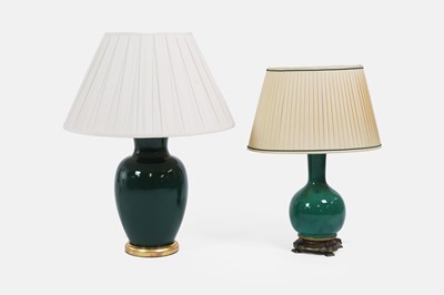 Lot 322 - Two green-glazed table lamps