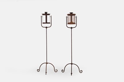 Lot 357 - A pair of iron lantern stands with lamps