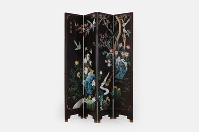 Lot 374 - A four-fold black-lacquered and gilt screen