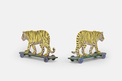 Lot 354 - A pair of painted wooden 'pull-along' tigers