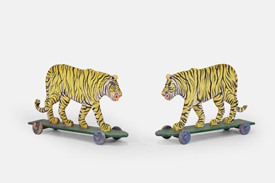 Lot 354 - A pair of painted wooden 'pull-along' tigers