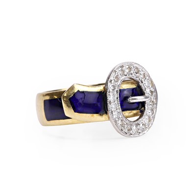 Lot 56 - An 18ct diamond and enamel buckle ring