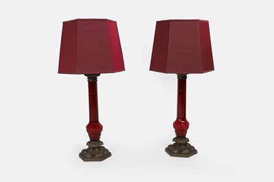 Lot 412 - A pair of cranberry glass and gilt-metal table lamps