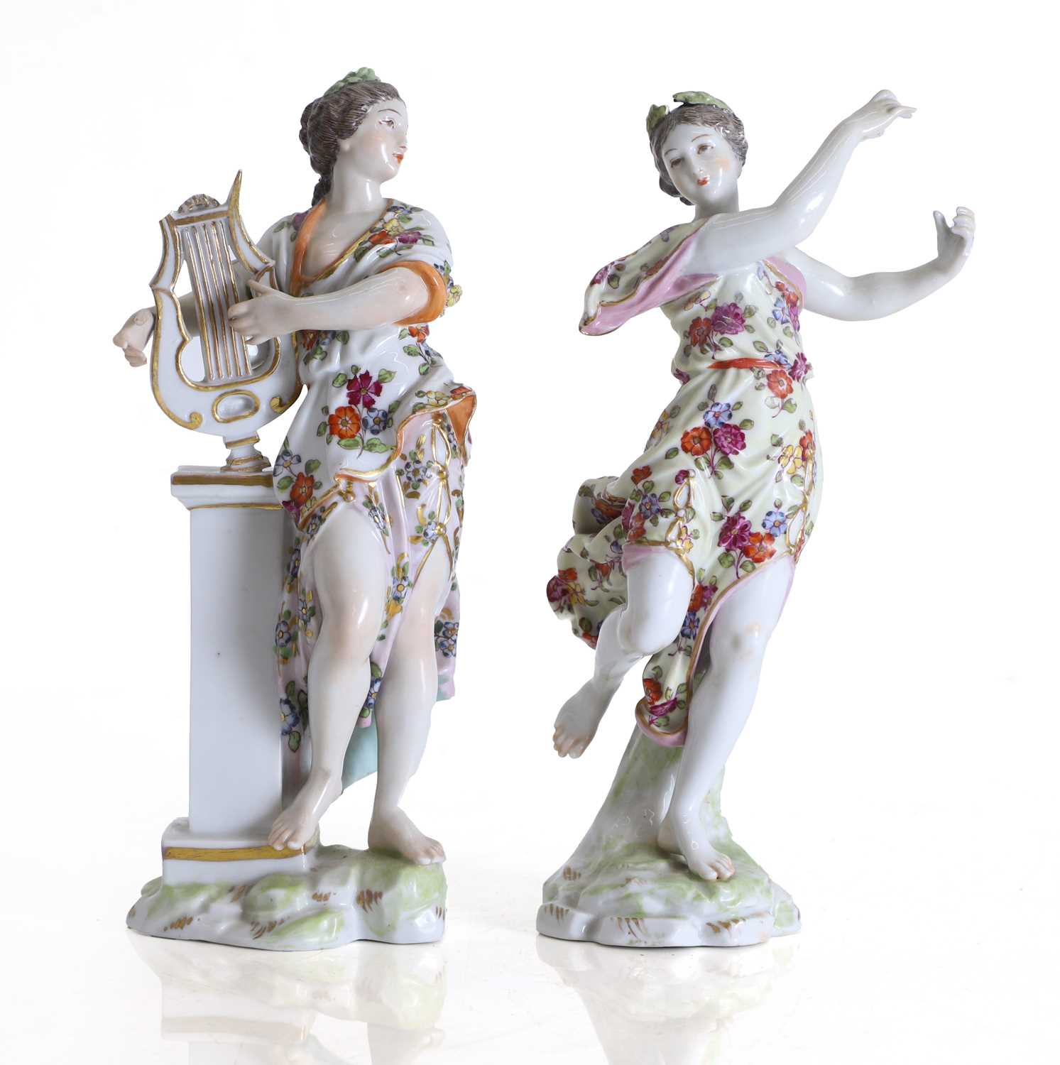 Lot 131 - A pair of Meissen porcelain figures of a dancer and a lyre player