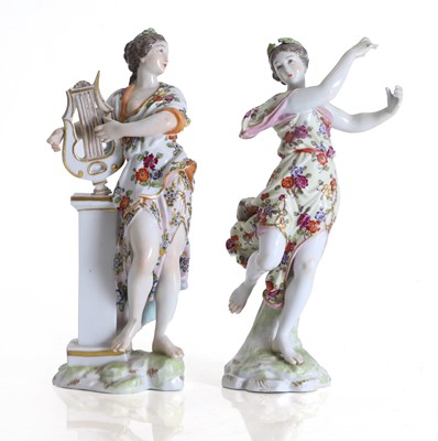 Lot 131 - A pair of Meissen porcelain figures of a dancer and a lyre player