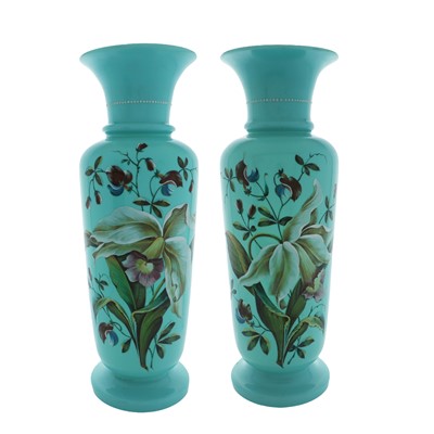 Lot 47 - A pair of opaline and enamelled glass vases
